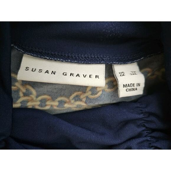 Susan Graver Liquid Knit Printed Turtleneck Blouse Top 3X Plus Size Blue Shirt - Picture 8 of 13